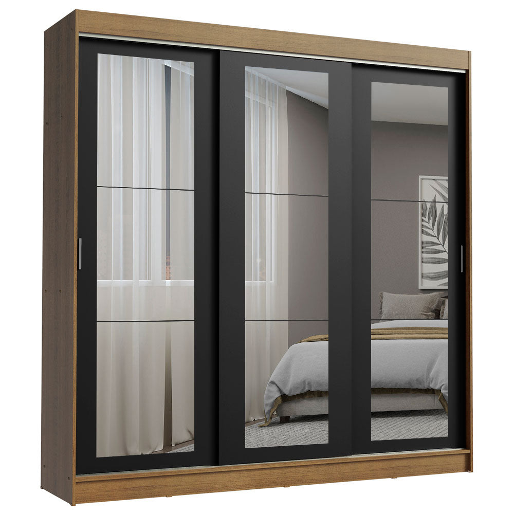 Guarda-Roupa Casal Madesa Kansas 3 Portas de Correr de Espelho 3 Gavetas Rustic/Preto