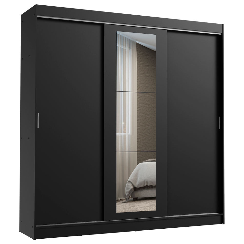 Guarda-Roupa Casal Madesa Kansas 3 Portas de Correr com Espelho 3 Gavetas Preto
