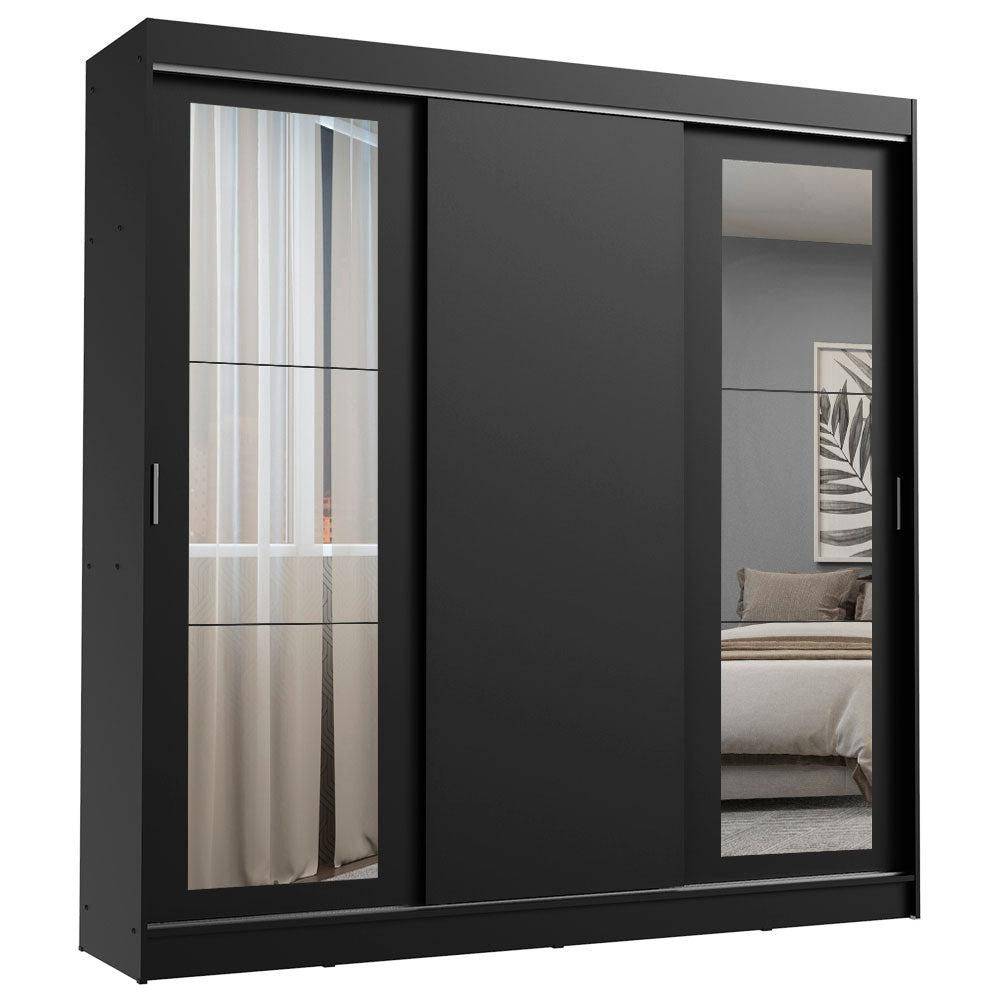 Guarda-Roupa Casal Madesa Kansas 3 Portas de Correr com Espelhos 3 Gavetas Preto