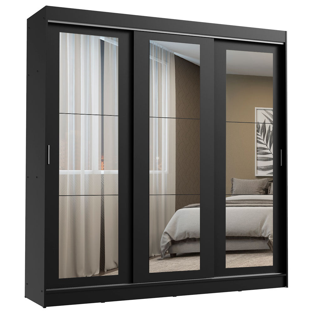 Guarda-Roupa Casal Madesa Kansas 3 Portas de Correr de Espelho 3 Gavetas Preto