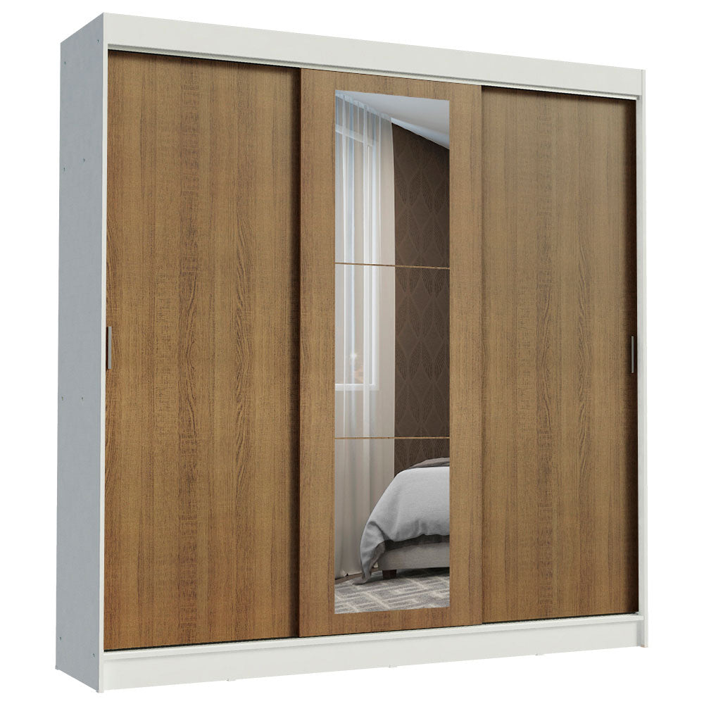 Guarda-Roupa Casal Madesa Kansas 3 Portas de Correr com Espelho 3 Gavetas Branco/Rustic