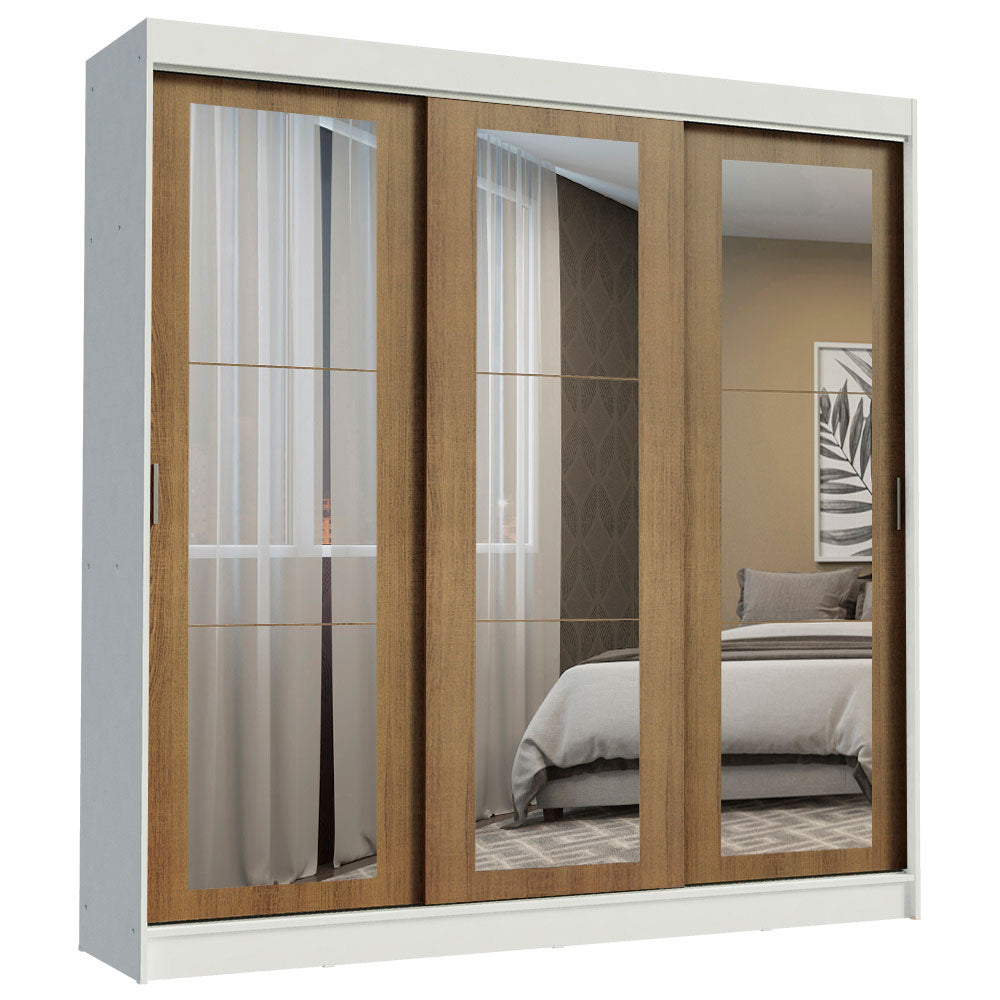 Guarda-Roupa Casal Madesa Kansas 3 Portas de Correr de Espelho 3 Gavetas Branco/Rustic