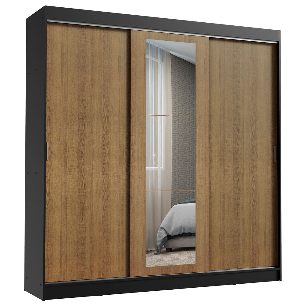 Guarda-Roupa Casal Madesa Kansas 3 Portas de Correr com Espelho 3 Gavetas Preto/Rustic