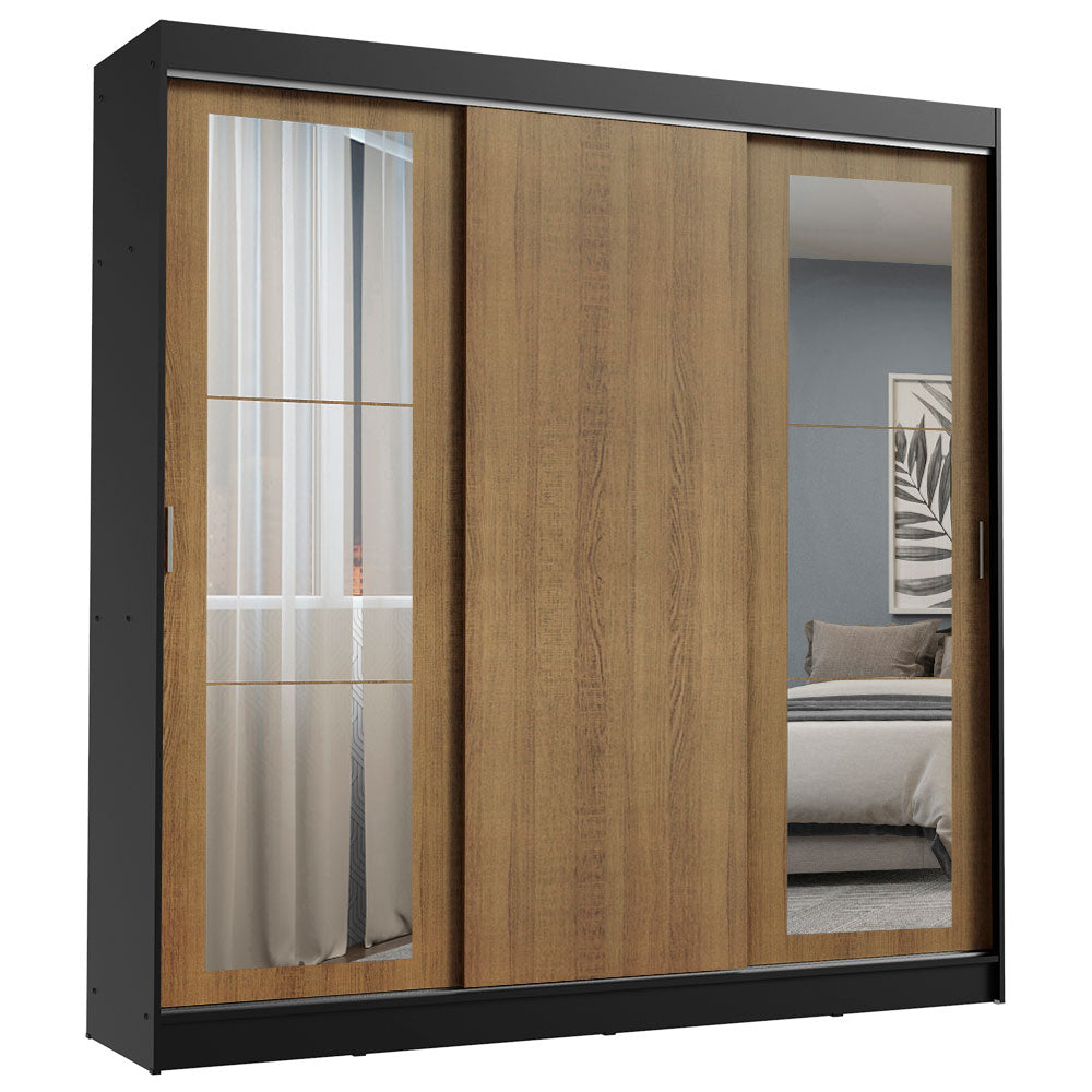 Guarda-Roupa Casal Madesa Kansas 3 Portas de Correr com Espelhos 3 Gavetas Preto/Rustic