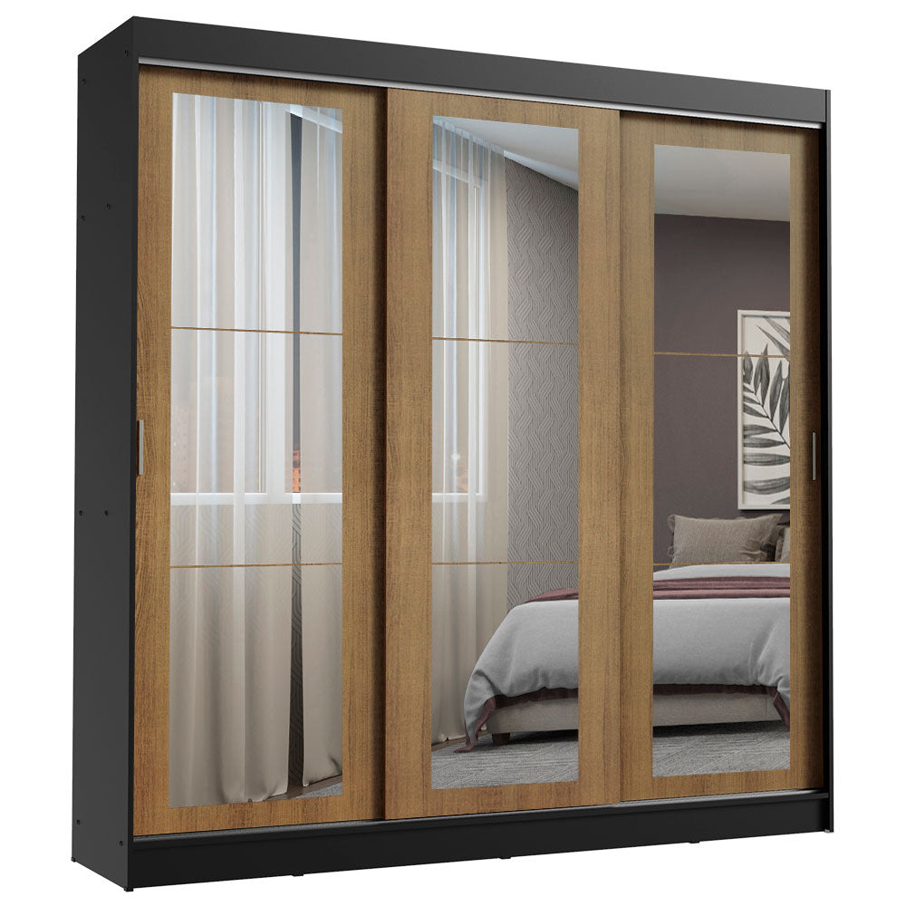 Guarda-Roupa Casal Madesa Kansas 3 Portas de Correr de Espelho 3 Gavetas Preto/Rustic