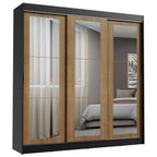 Guarda-Roupa Casal Madesa Kansas 3 Portas de Correr de Espelho 3 Gavetas Preto/Rustic