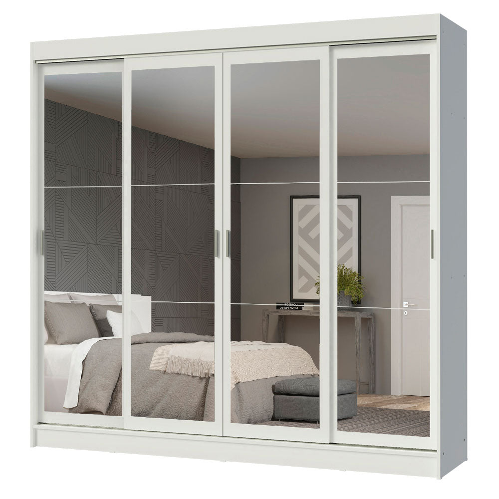 Guarda-Roupa Casal Madesa Austin 4 Portas de Correr de Espelho 3 Gavetas Branco