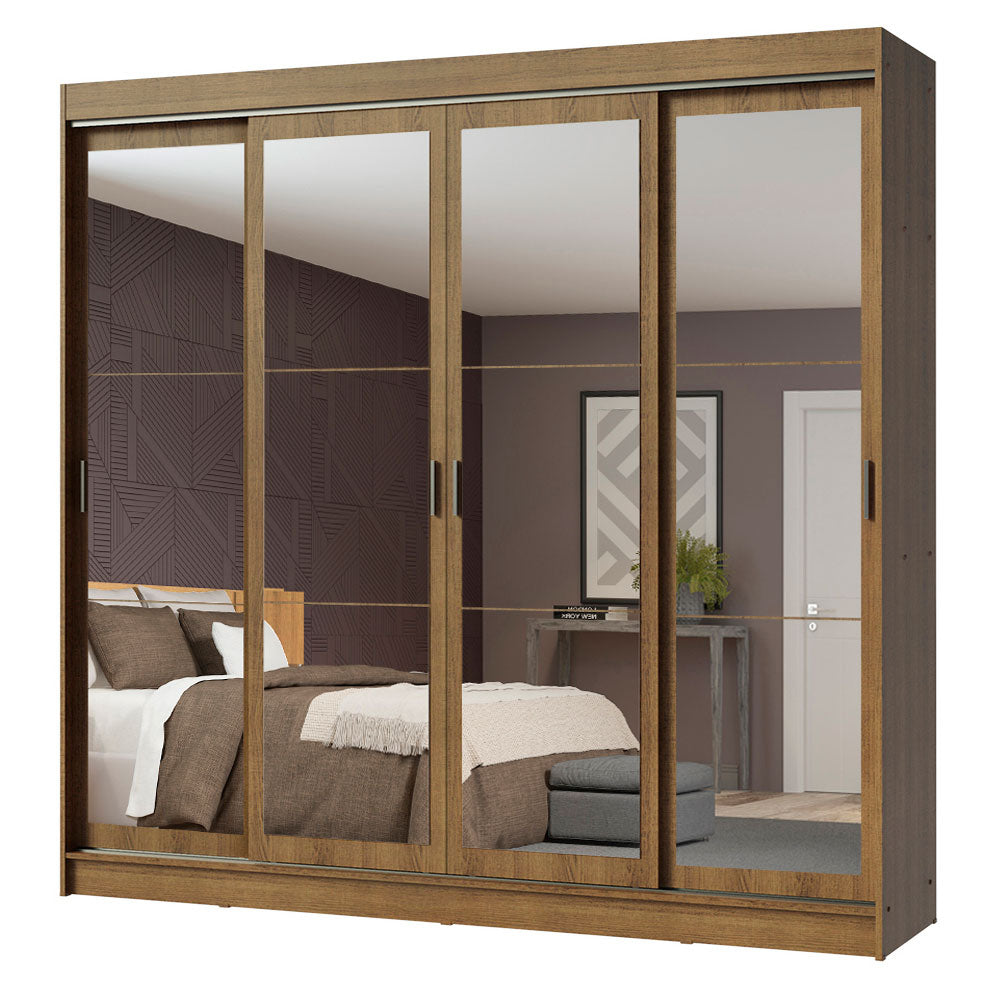 Guarda-Roupa Casal Madesa Austin 4 Portas de Correr de Espelho 3 Gavetas Rustic