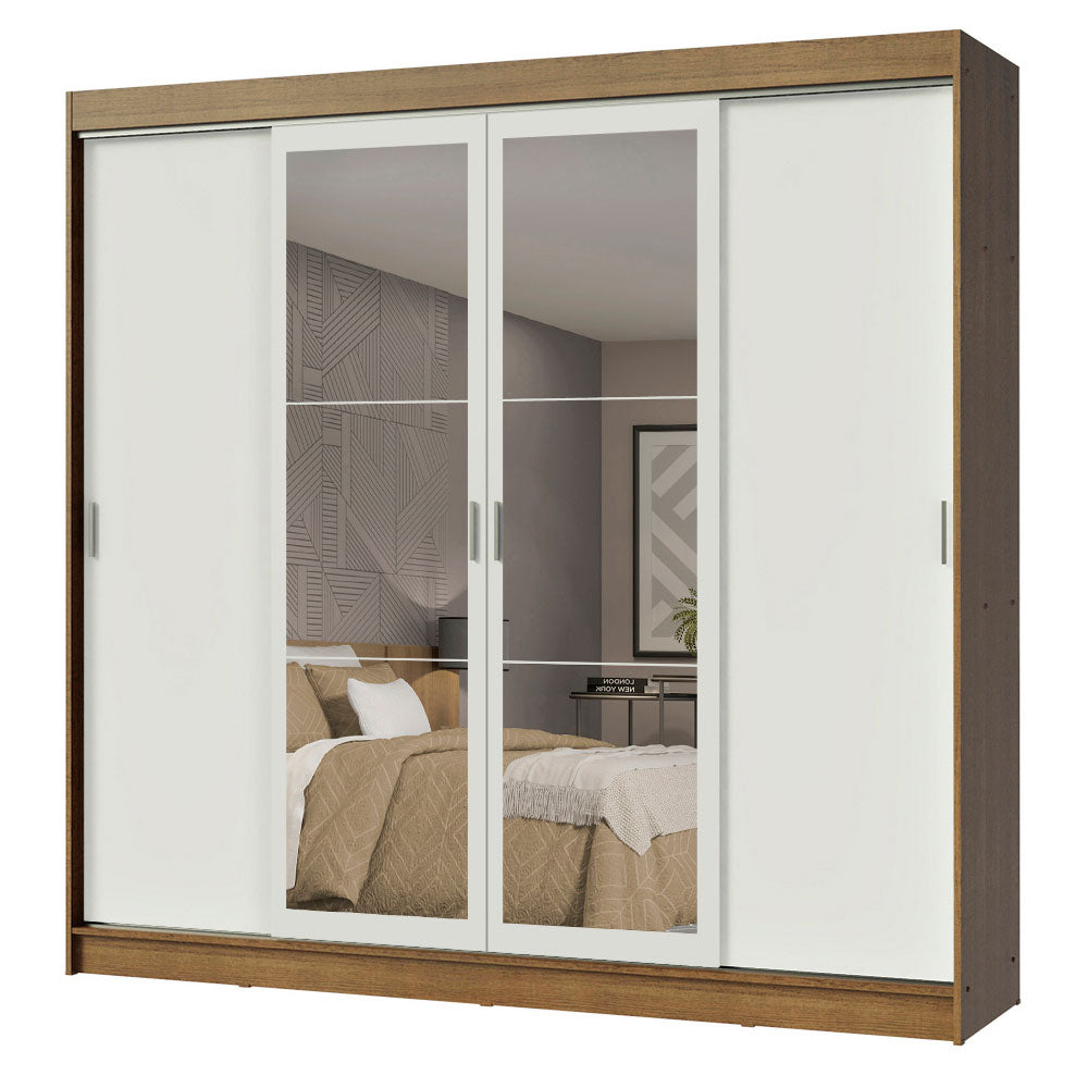 Guarda-Roupa Casal Madesa Austin 4 Portas de Correr com Espelhos 3 Gavetas Rustic/Branco