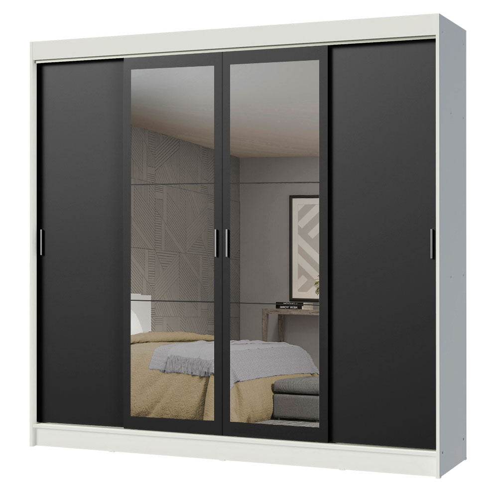 Guarda-Roupa Casal Madesa Austin 4 Portas de Correr com Espelhos 3 Gavetas Branco/Preto