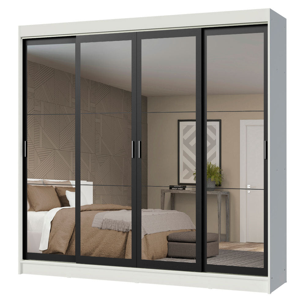 Guarda-Roupa Casal Madesa Austin 4 Portas de Correr de Espelho 3 Gavetas Branco/Preto