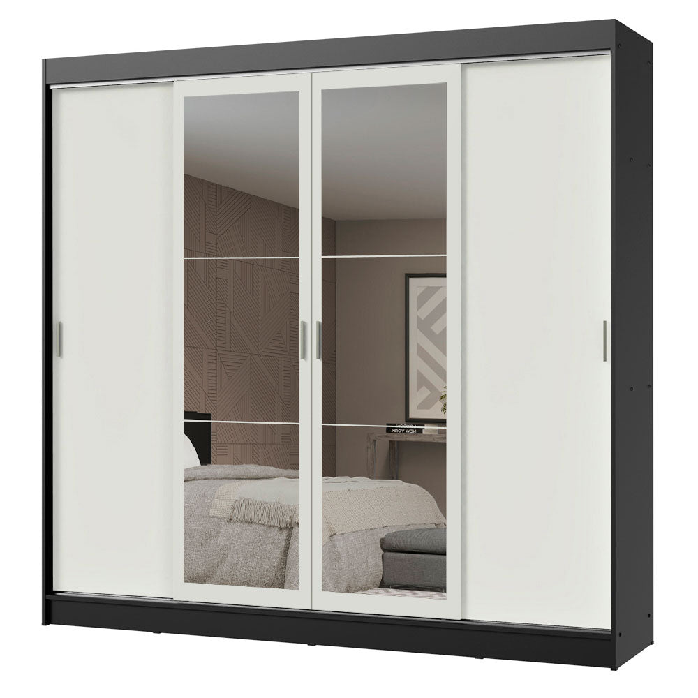 Guarda-Roupa Casal Madesa Austin 4 Portas de Correr com Espelhos 3 Gavetas Preto/Branco