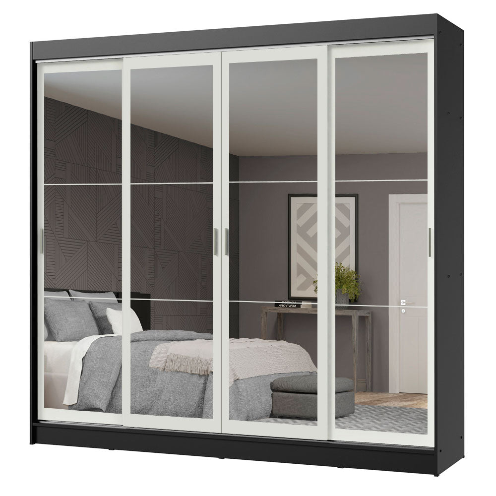 Guarda-Roupa Casal Madesa Austin 4 Portas de Correr de Espelho 3 Gavetas Preto/Branco