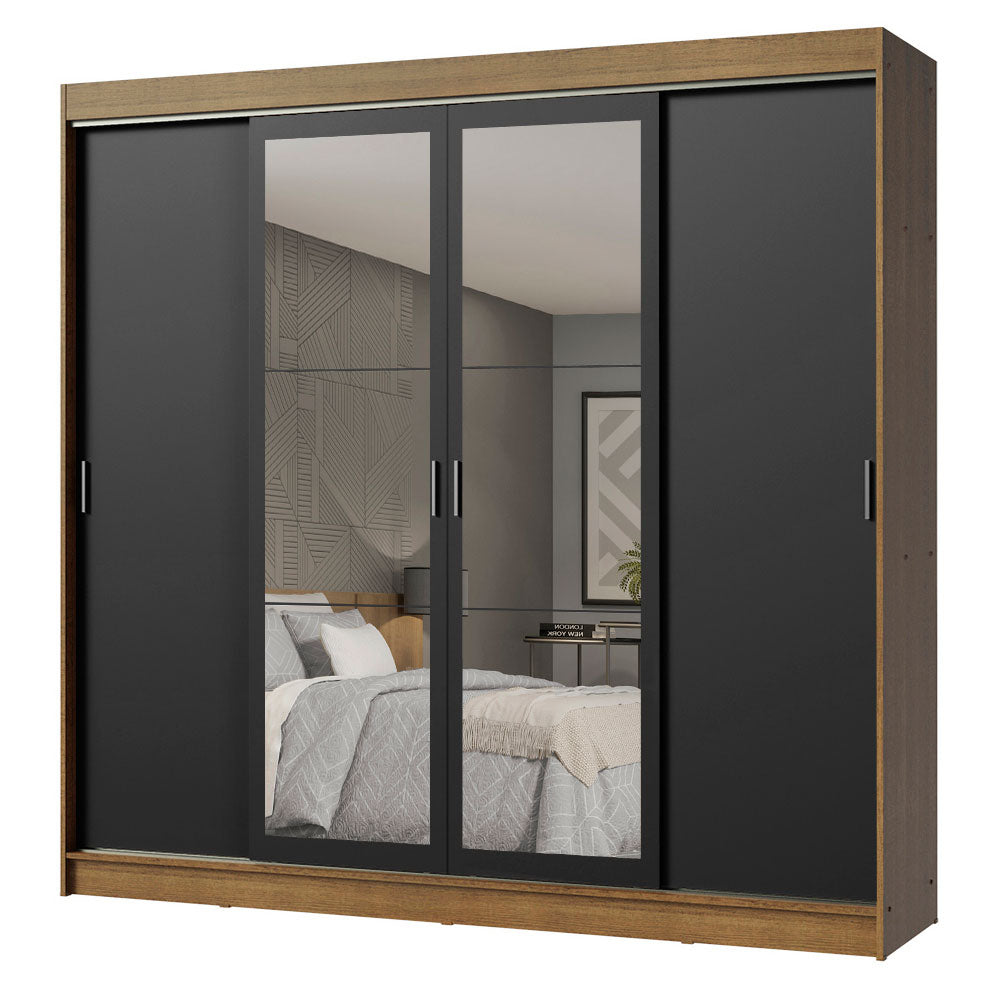 Guarda-Roupa Casal Madesa Austin 4 Portas de Correr com Espelhos 3 Gavetas Rustic/Preto