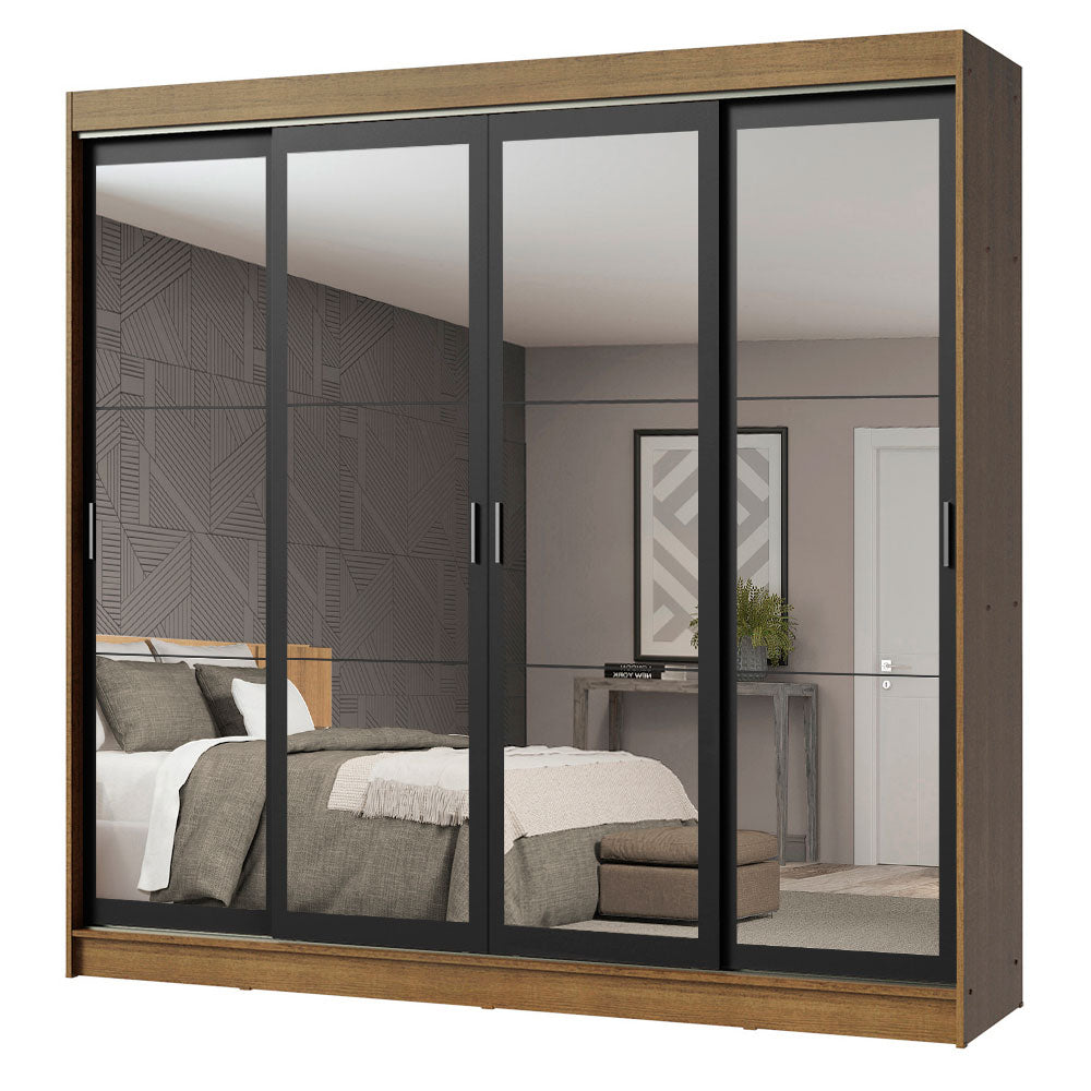 Guarda-Roupa Casal Madesa Austin 4 Portas de Correr de Espelho 3 Gavetas Rustic/Preto