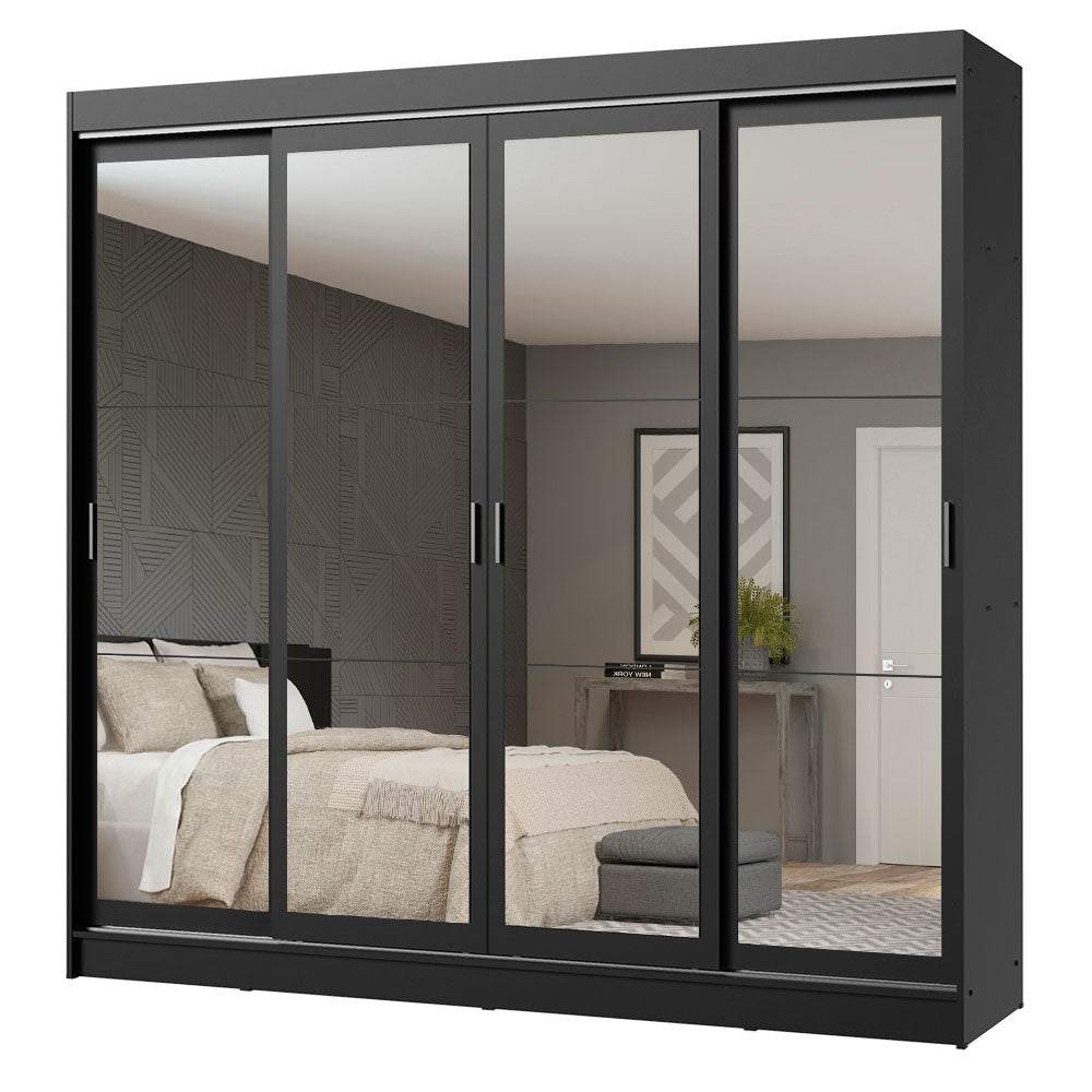 Guarda-Roupa Casal Madesa Austin 4 Portas de Correr de Espelho 3 Gavetas Preto