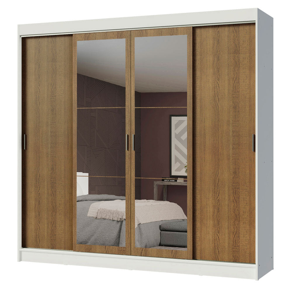 Guarda-Roupa Casal Madesa Austin 4 Portas de Correr com Espelhos 3 Gavetas Branco/Rustic