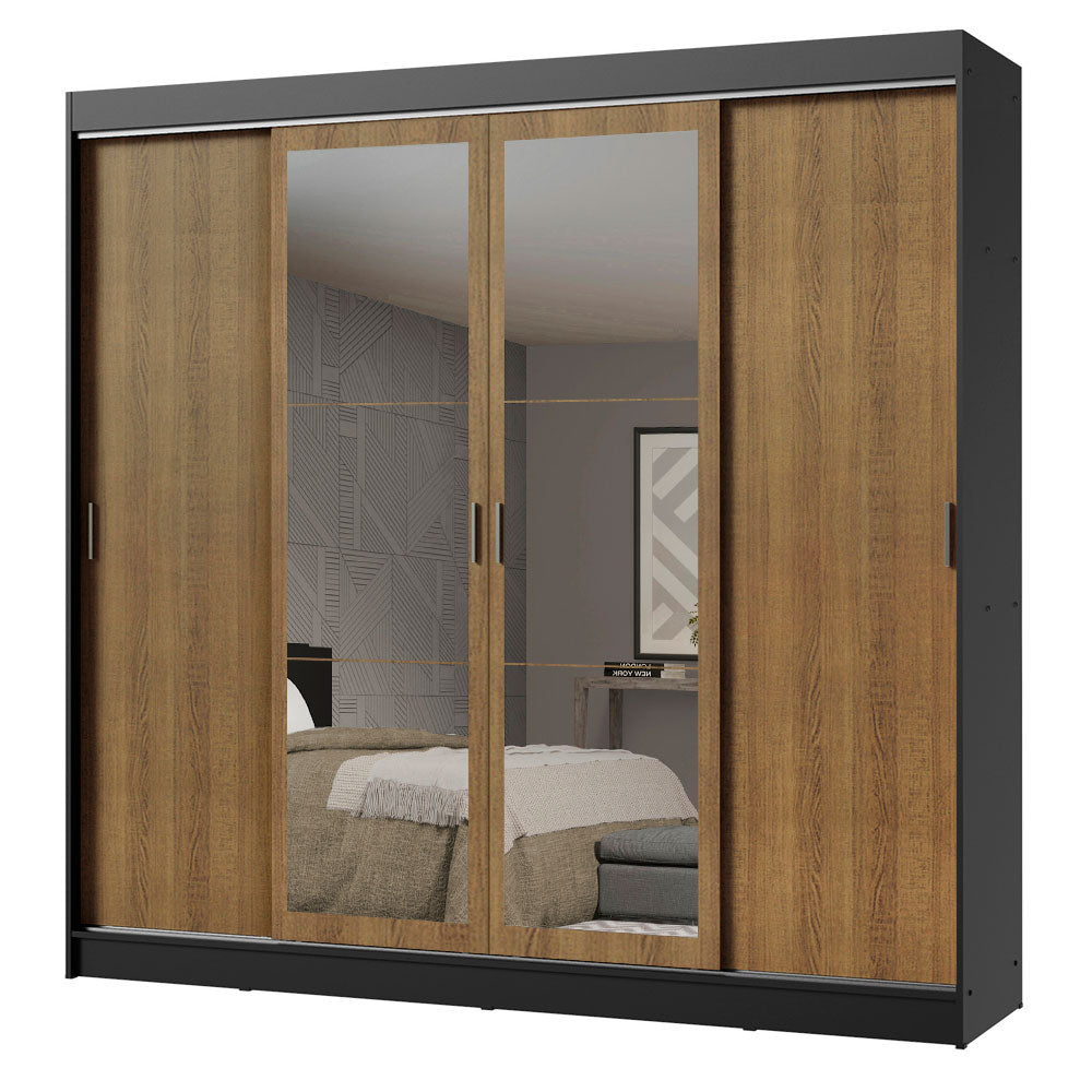 Guarda-Roupa Casal Madesa Austin 4 Portas de Correr com Espelhos 3 Gavetas Preto/Rustic