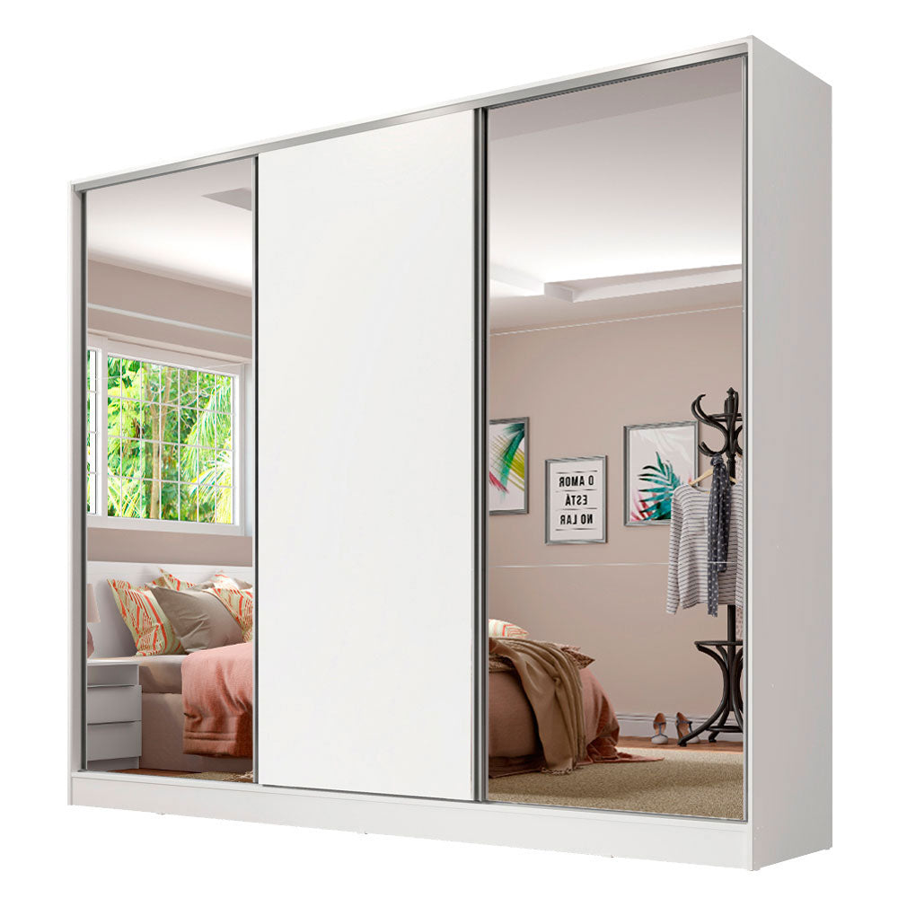Guarda-Roupa Casal 100% MDF Madesa Royale 3 Portas de Correr com Espelhos Branco