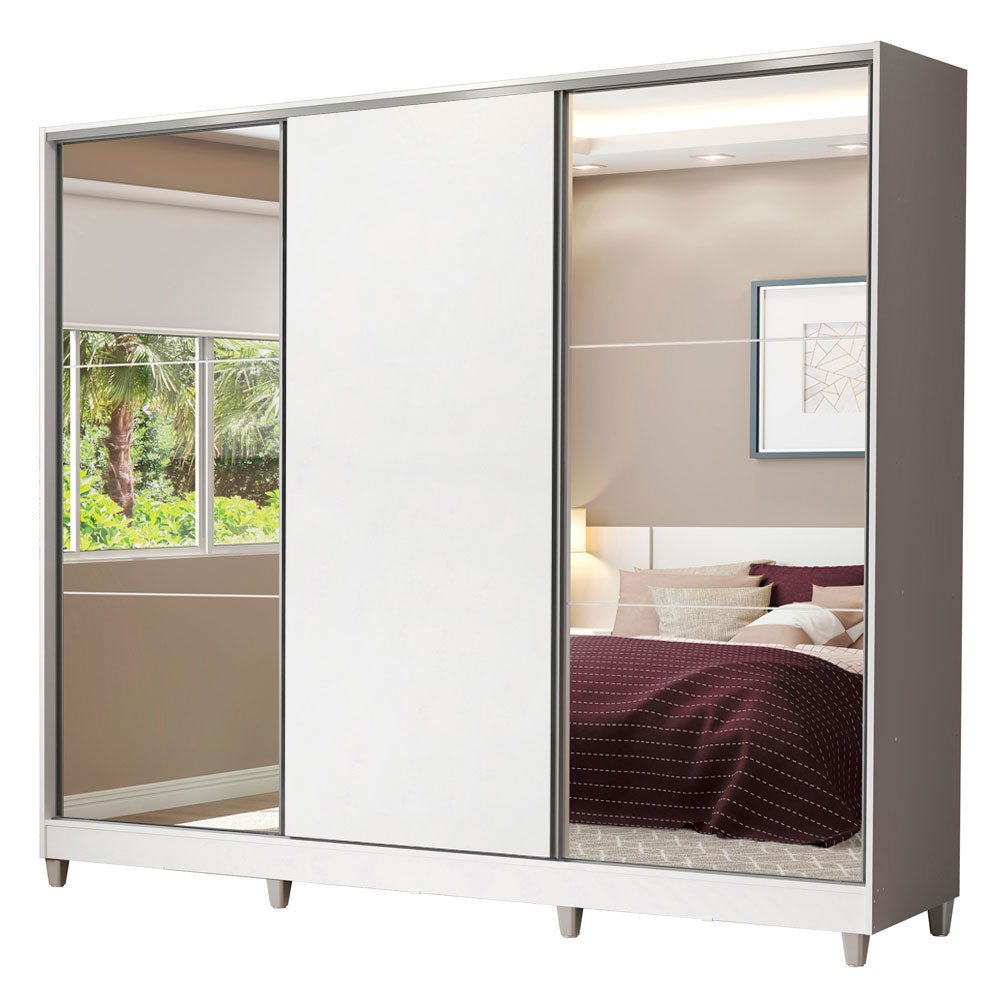 Guarda-Roupa Casal 100% MDF Madesa Royale 3 Portas de Correr com Espelhos com Pés Branco