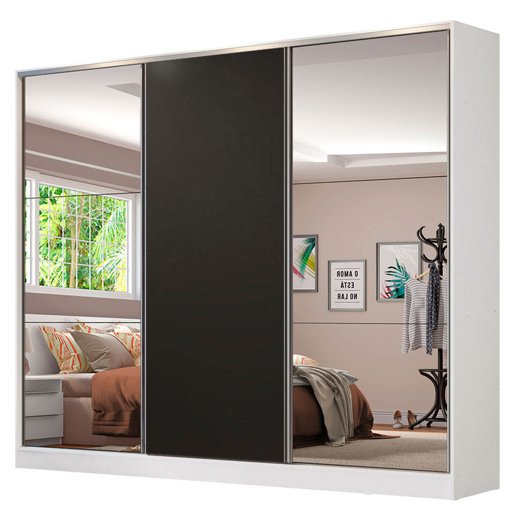 Guarda-Roupa Casal 100% MDF Madesa Royale 3 Portas de Correr com Espelhos Branco/Preto
