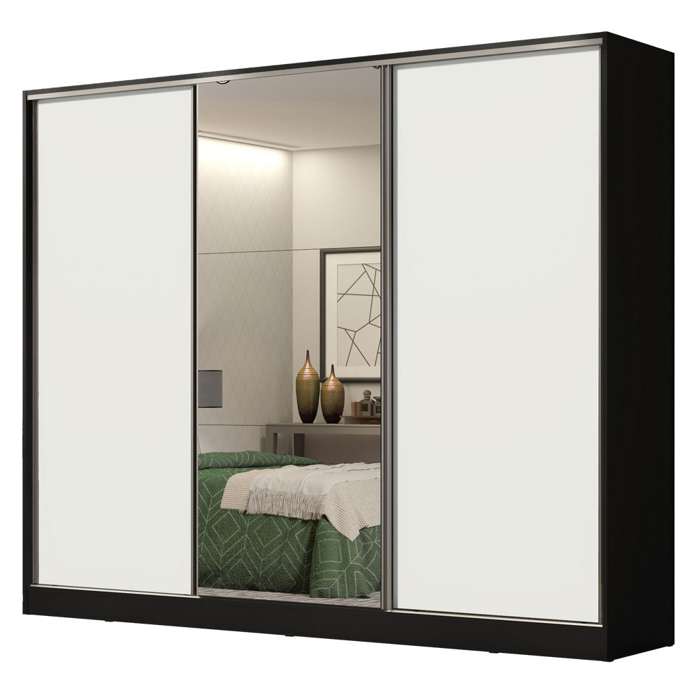 Guarda-Roupa Casal 100% MDF Madesa Royale 3 Portas de Correr com Espelho Preto/Branco