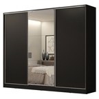 Guarda-Roupa Casal 100% MDF 3 Portas de Correr com Espelho Preto Royale Madesa