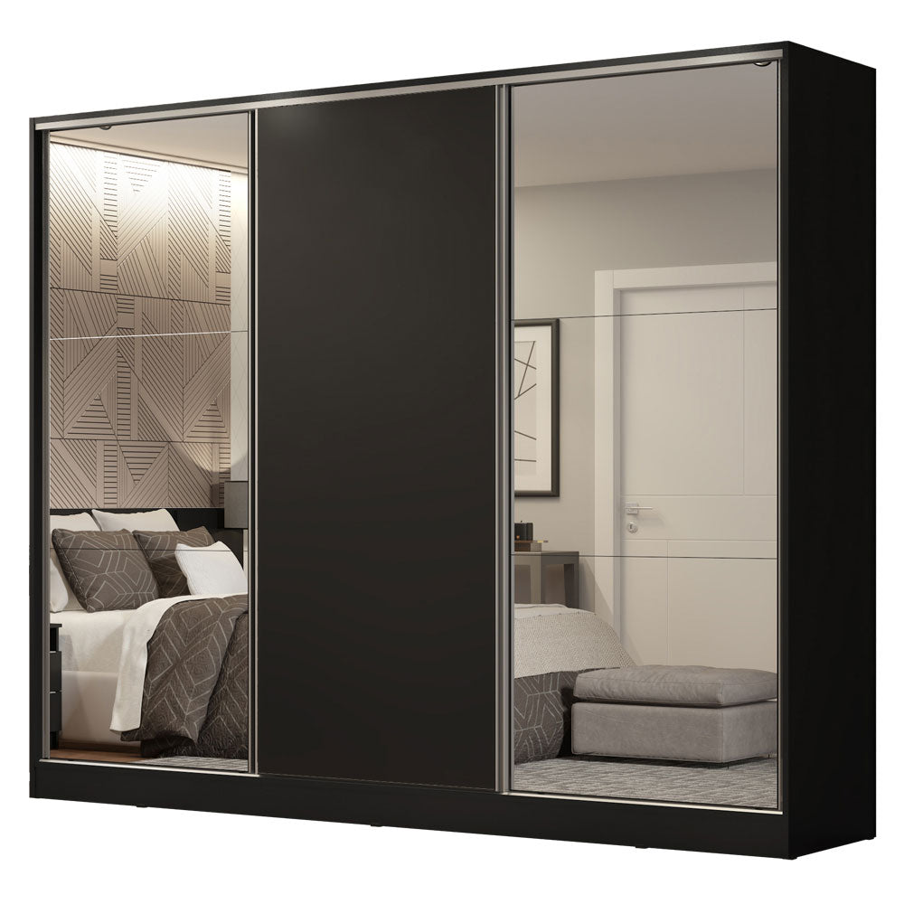 Guarda-Roupa Casal 100% MDF Madesa Royale 3 Portas de Correr com Espelhos Preto