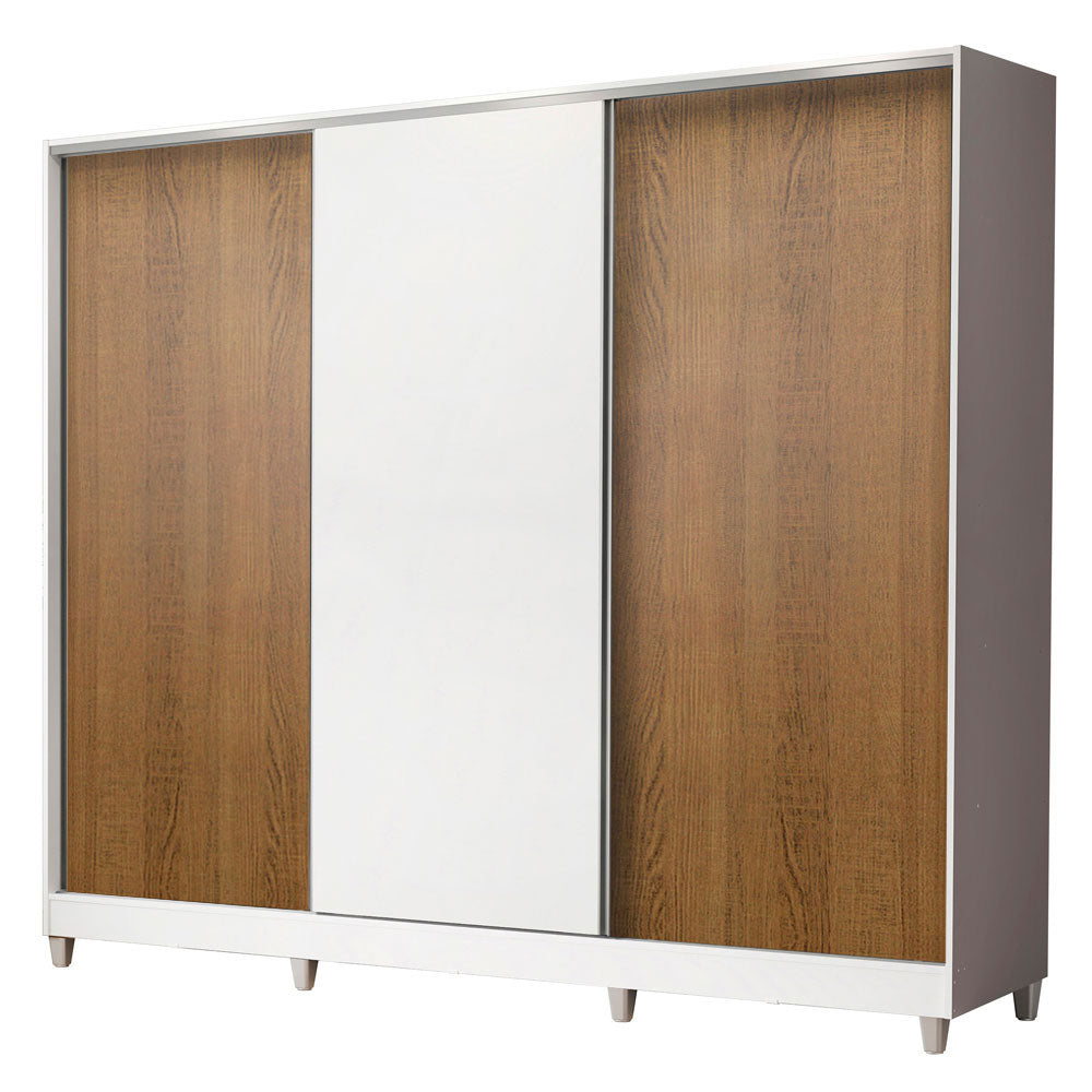 Guarda-Roupa Casal 100% MDF Madesa Royale 3 Portas de Correr com Pés Branco/Rustic/Branco