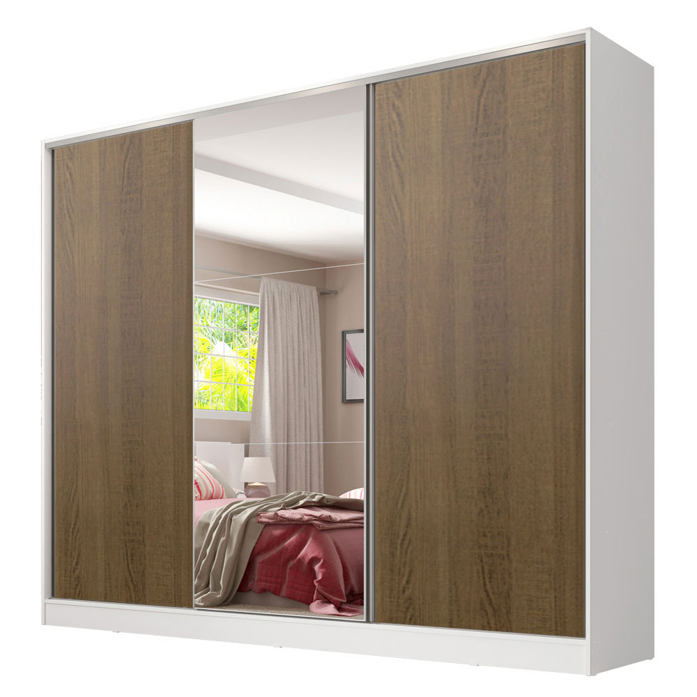 Guarda-Roupa Casal 100% MDF 3 Portas de Correr com Espelho Branco/Rustic Madesa Royale