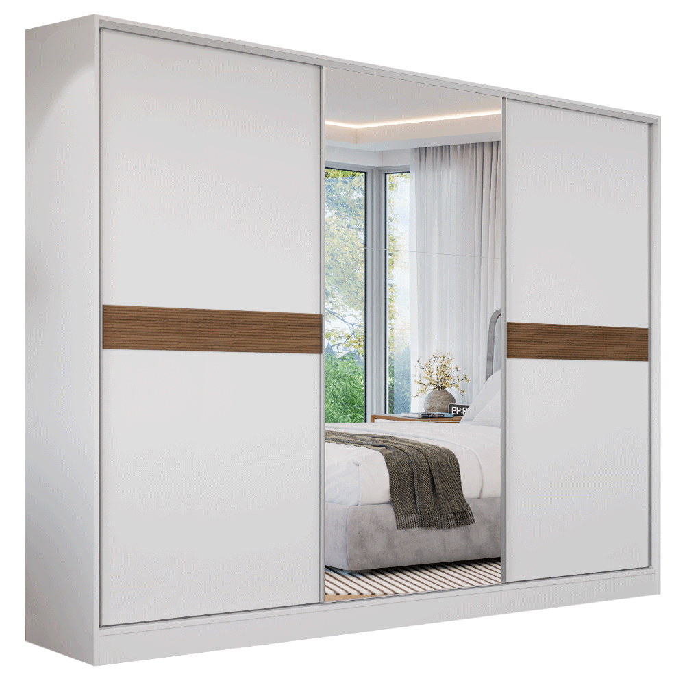 Guarda-Roupa Casal 100% MDF 3 Portas 1 Espelho Branco Malta Madesa