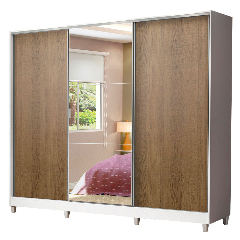 Guarda-Roupa Casal 100% MDF Madesa Royale 3 Portas de Correr com Espelho com Pés Branco/Rustic