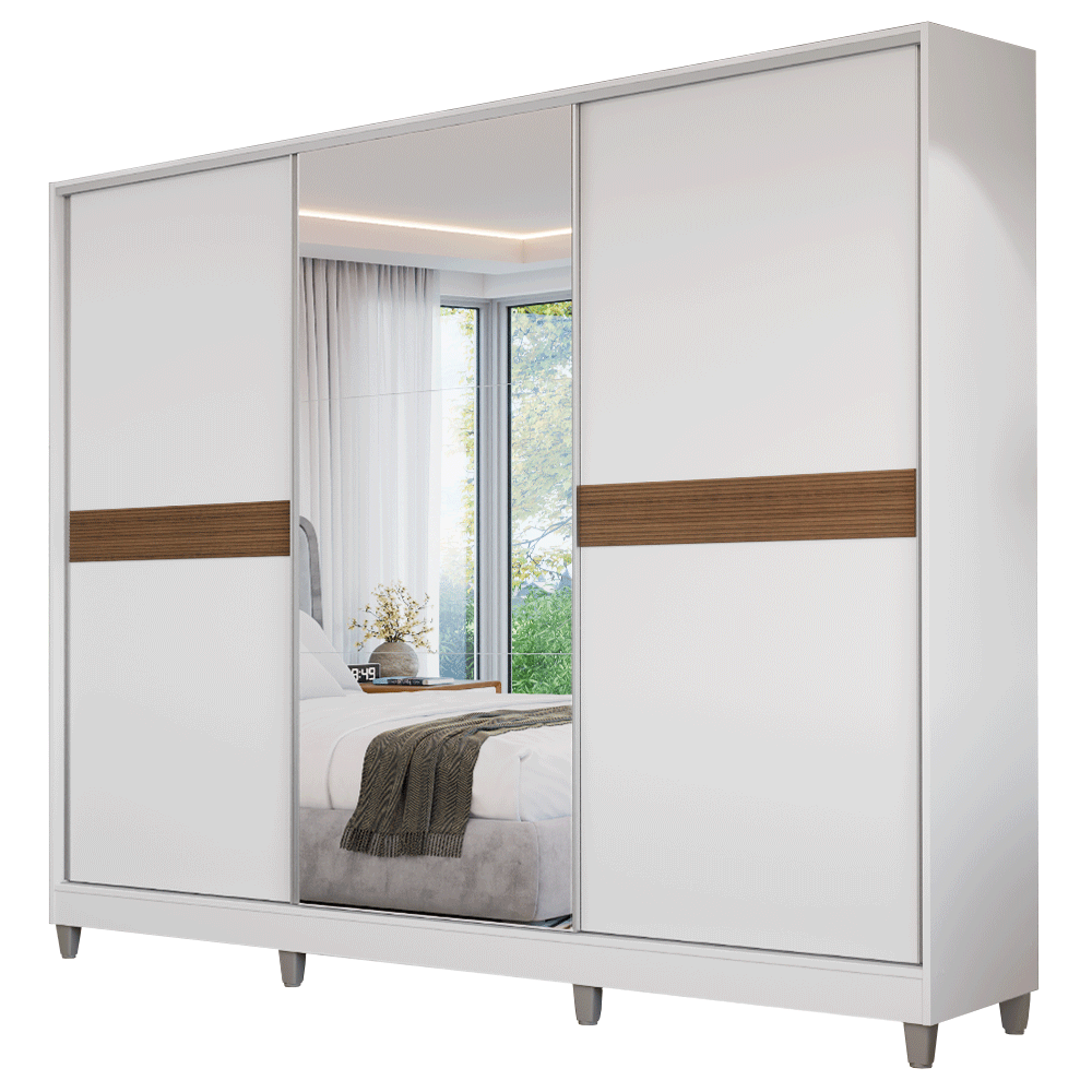 Guarda-Roupa Casal 100% MDF com Pés 3 Portas 1 Espelho Branco Malta Madesa