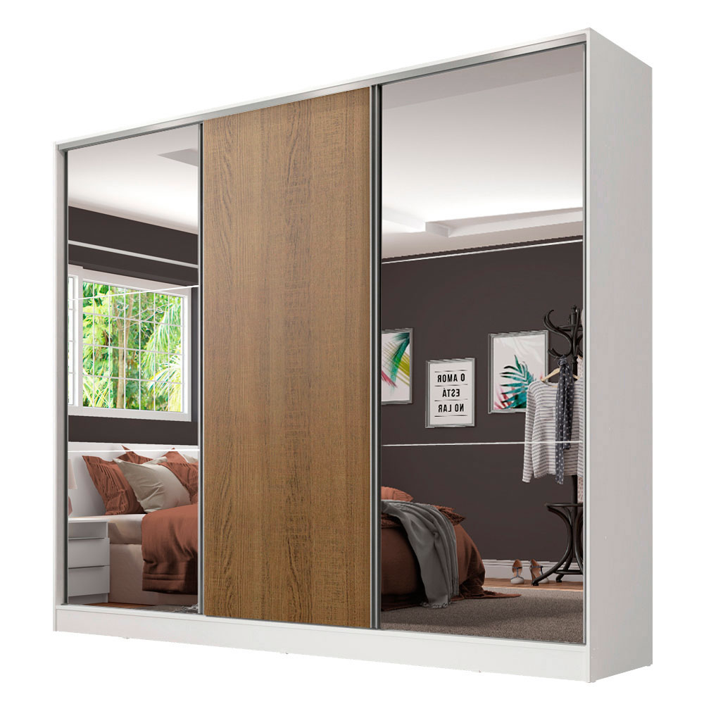 Guarda-Roupa Casal 100% MDF Madesa Royale 3 Portas de Correr com Espelhos Branco/Rustic