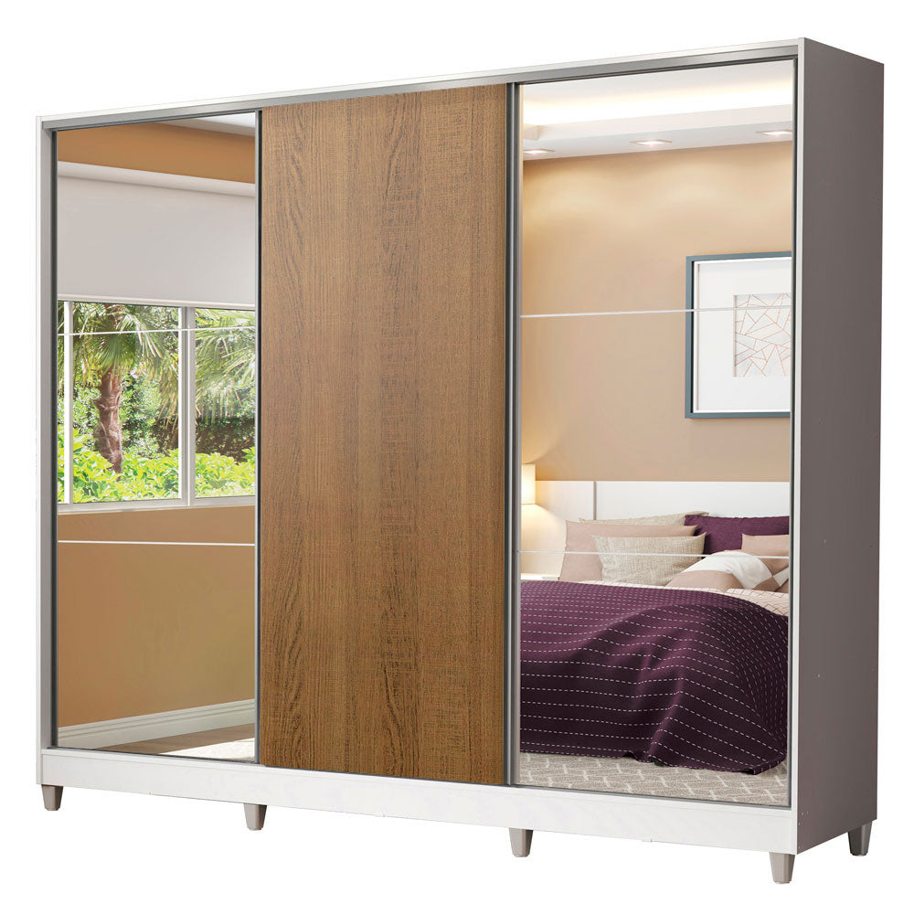 Guarda-Roupa Casal 100% MDF Madesa Royale 3 Portas de Correr com Espelhos com Pés Branco/Rustic