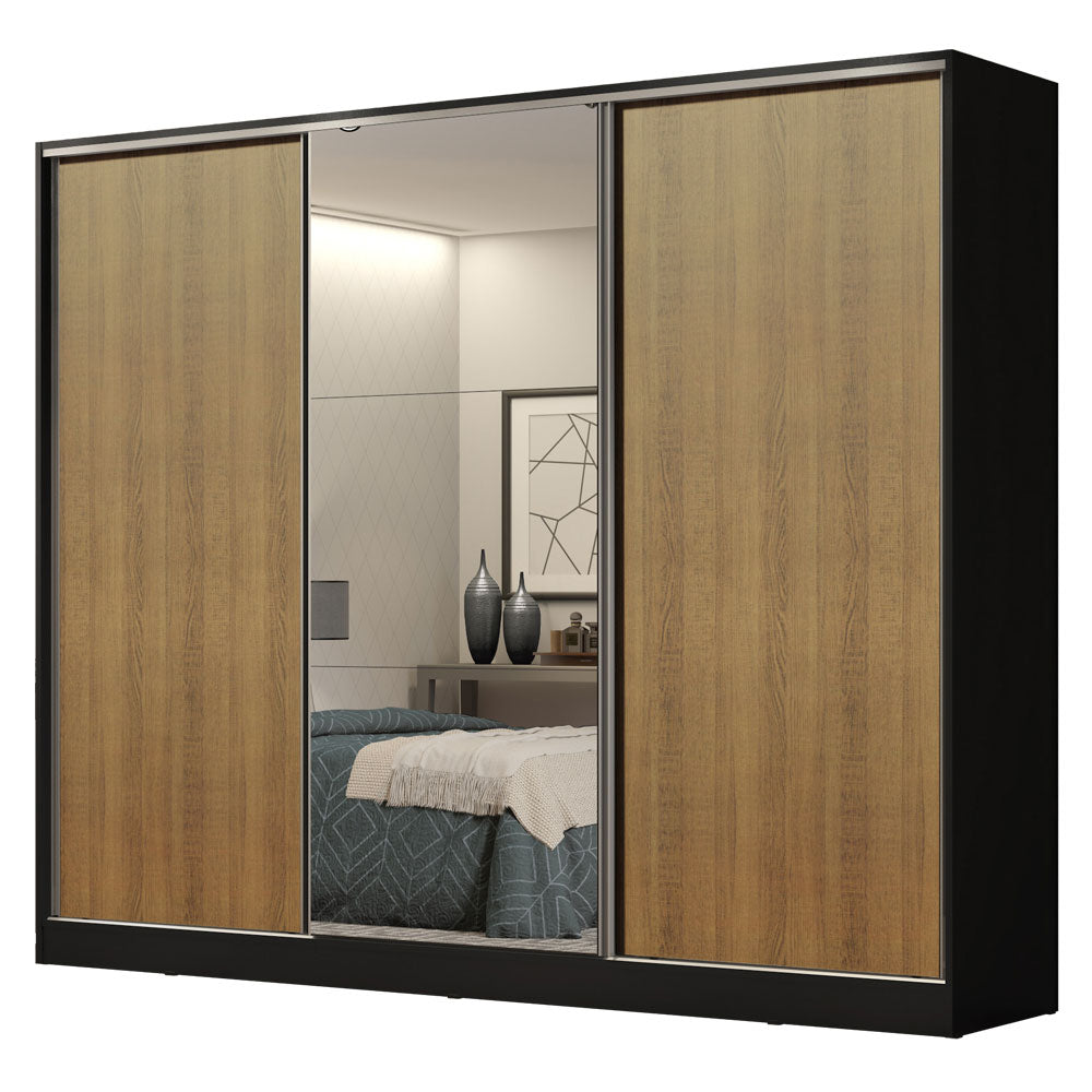 Guarda-Roupa Casal 100% MDF 3 Portas de Correr com Espelho Preto/Rustic Madesa Royale