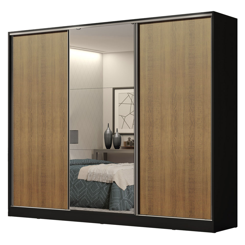 Guarda-Roupa Casal 100% MDF 3 Portas de Correr com Espelho Preto/Rustic Madesa Royale