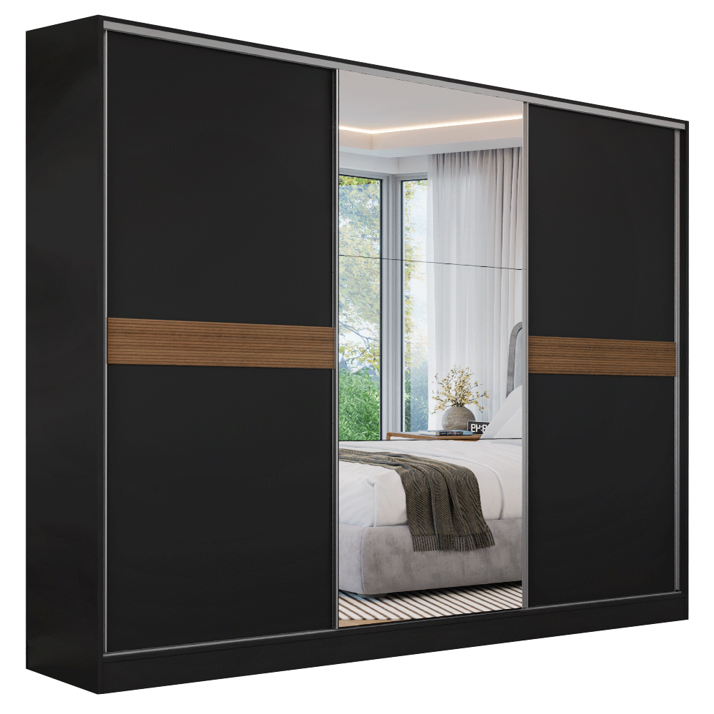 Guarda-Roupa Casal 100% MDF 3 Portas 1 Espelho Preto Malta Madesa