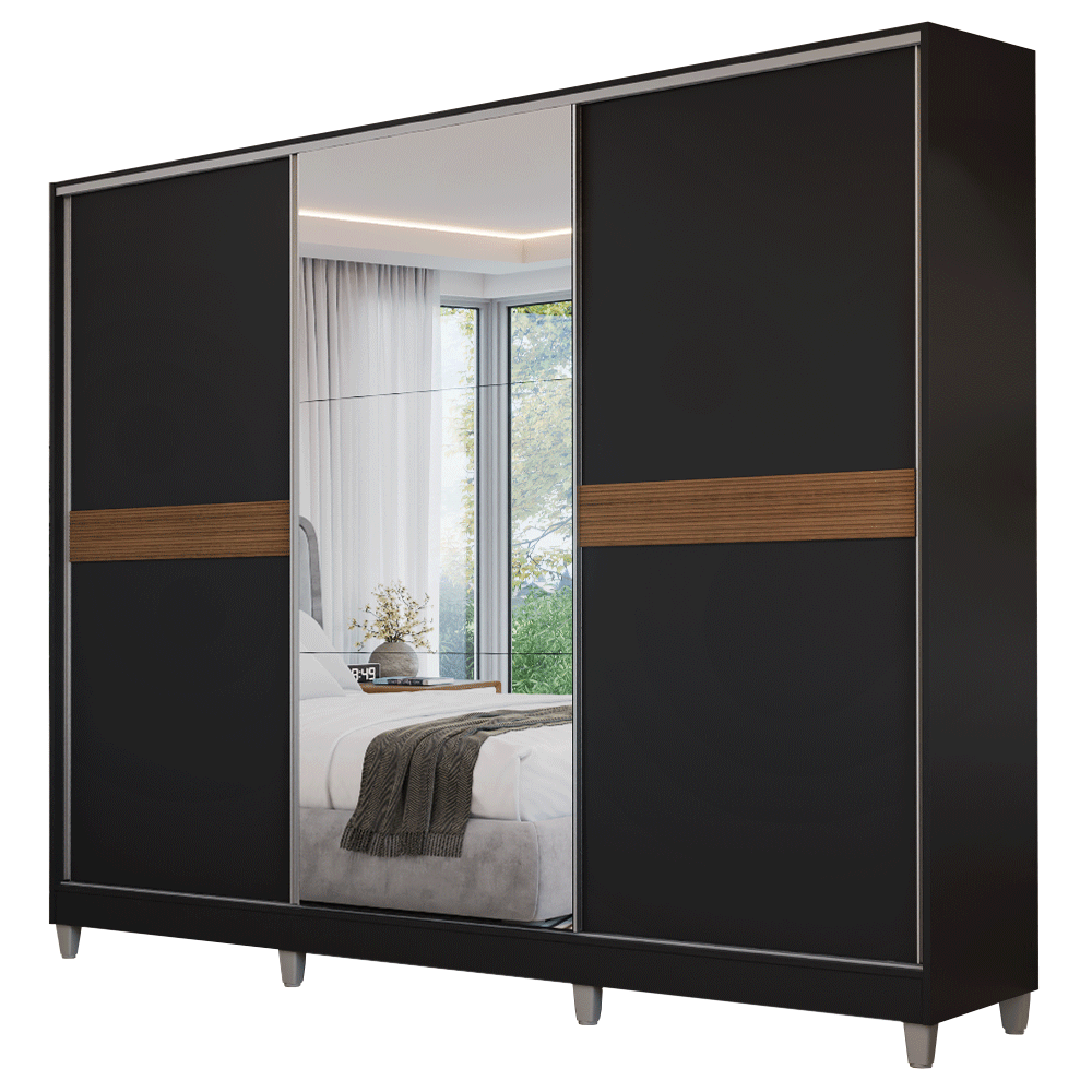 Guarda-Roupa Casal 100% MDF com Pés 3 Portas 1 Espelho Preto Malta Madesa