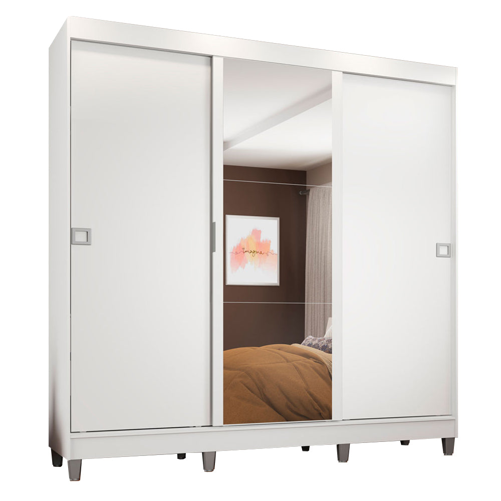 Guarda-Roupa Casal Madesa Napoli 3 Portas de Correr Central com Espelho com Pés Branco