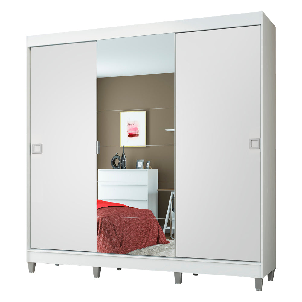 Guarda-Roupa Casal Madesa Veneza 3 Portas de Correr Central com Espelho com Pés Branco