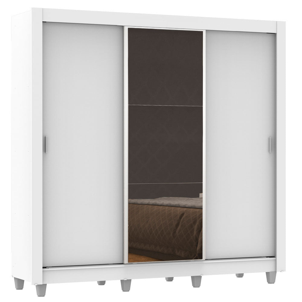 Guarda-Roupa Casal Madesa Lyon 3 Portas de Correr com Espelho 2 Gavetas com Pés Branco