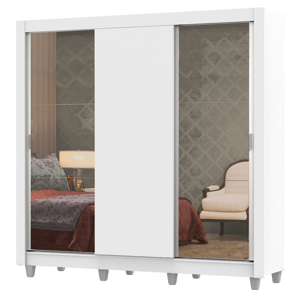 Guarda-Roupa Casal Madesa Lyon Plus 3 Portas de Correr com Espelhos 4 Gavetas com Pés Branco