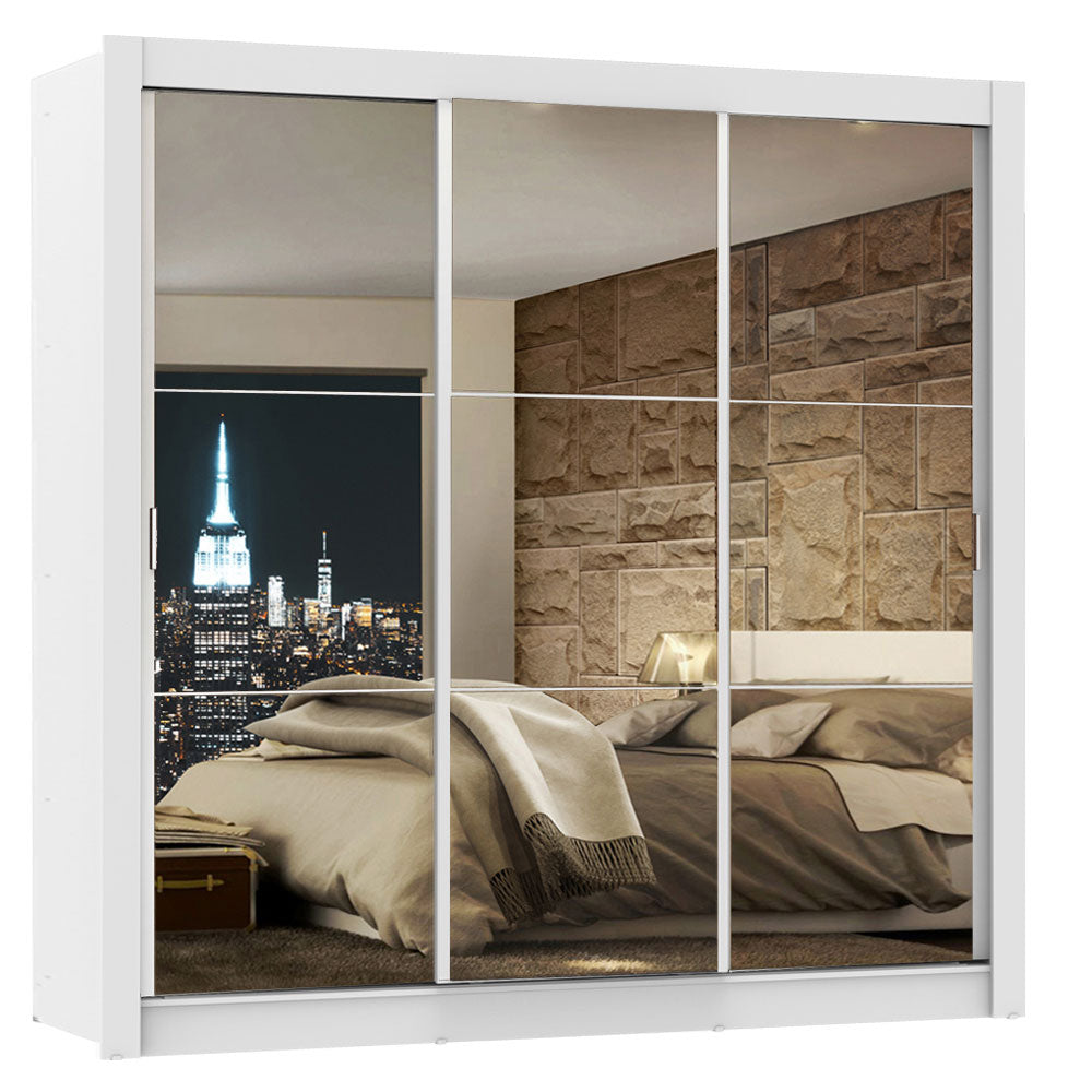 Guarda-Roupa Casal Madesa Lyon 3 Portas de Correr de Espelho 2 Gavetas Branco