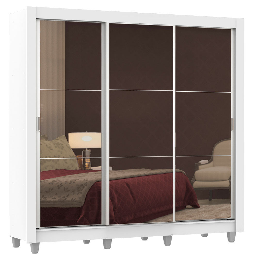 Guarda-Roupa Casal Madesa Lyon Plus 3 Portas de Correr de Espelho 4 Gavetas com Pés Branco