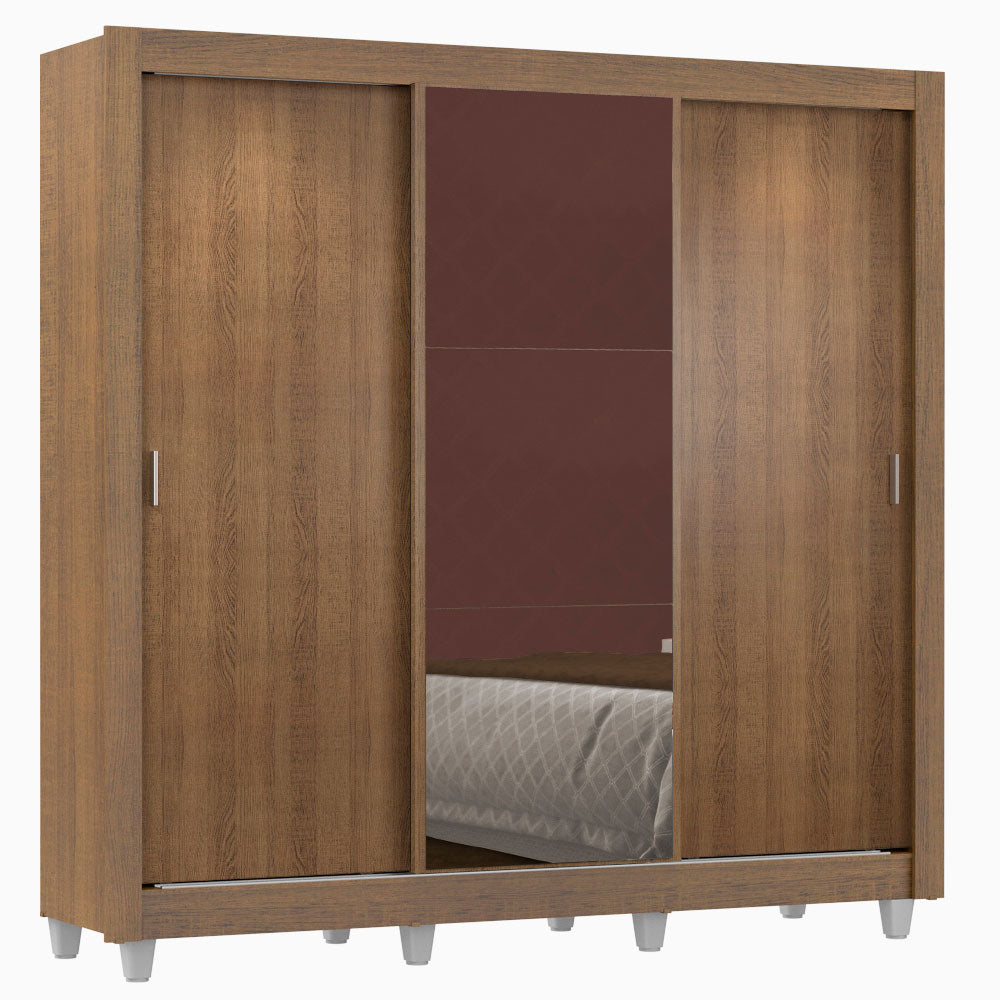 Guarda-Roupa Casal Madesa Lyon 3 Portas de Correr com Espelho 2 Gavetas com Pés Rustic