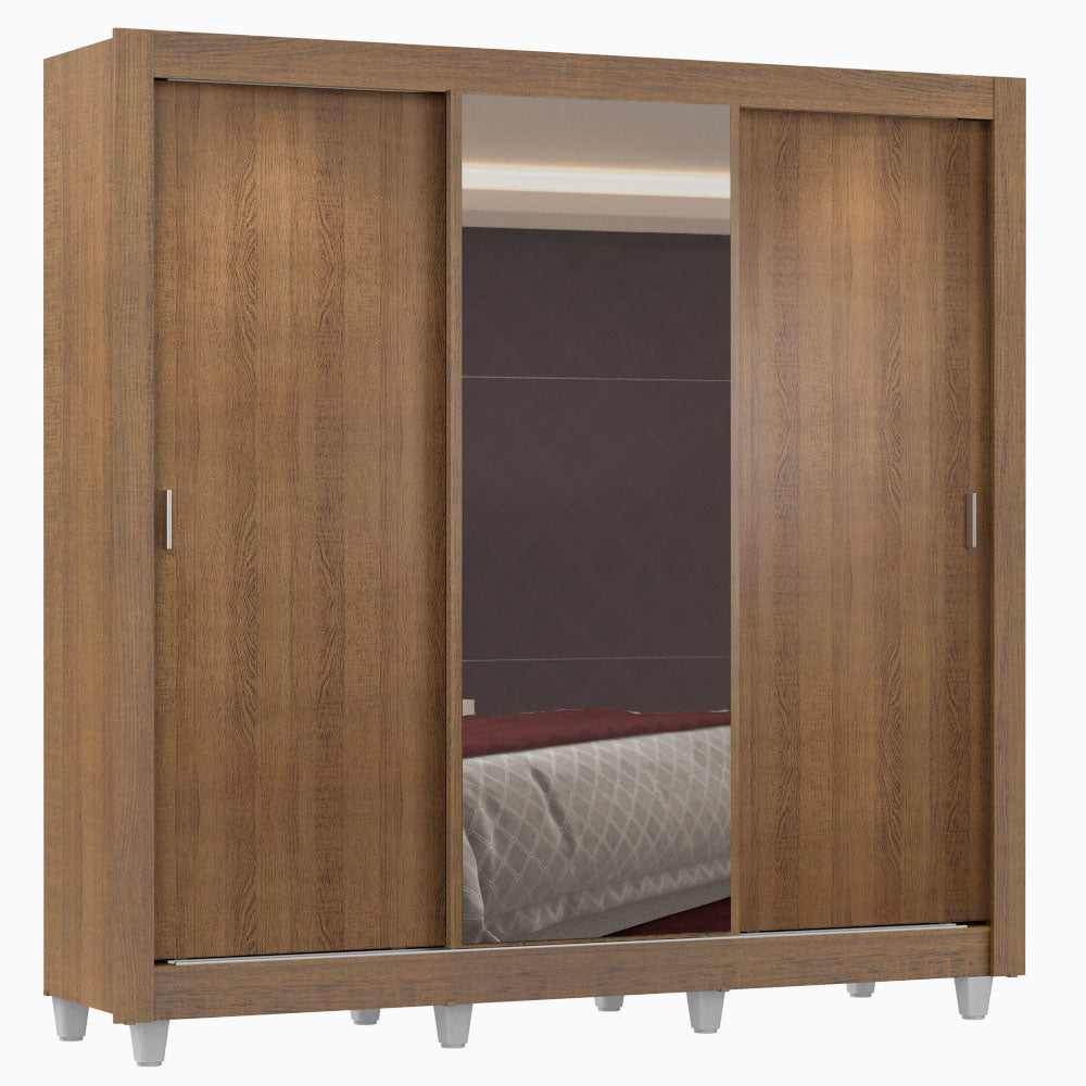 Guarda-Roupa Casal Madesa Lyon Plus 3 Portas de Correr com Espelho 4 Gavetas com Pés Rustic