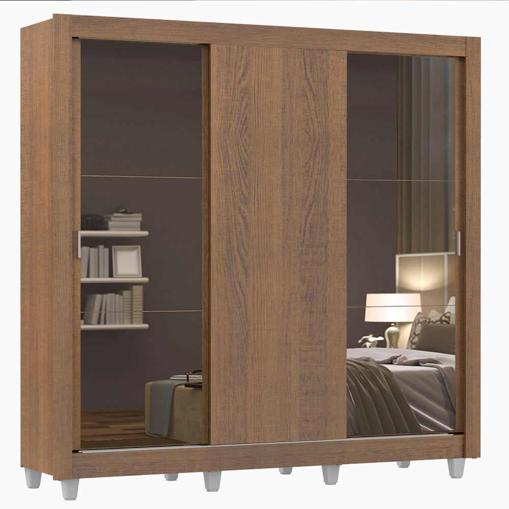 Guarda-Roupa Casal Madesa Mônaco 3 Portas de Correr com Espelhos com Pés Rustic