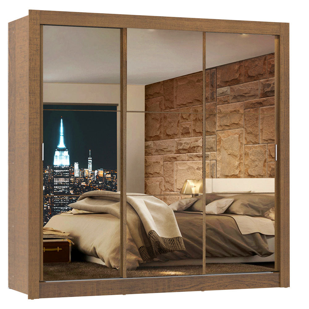 Guarda-Roupa Casal Madesa Lyon 3 Portas de Correr de Espelho 2 Gavetas Rustic
