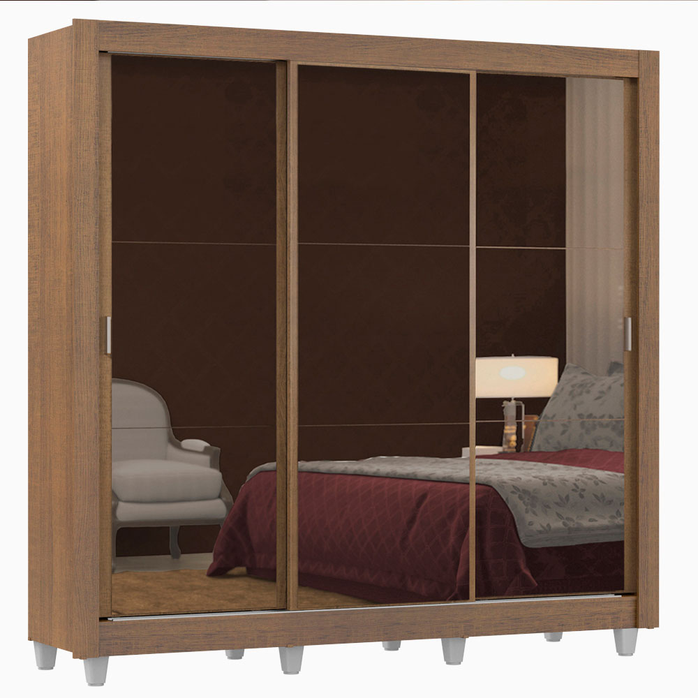 Guarda-Roupa Casal Madesa Lyon 3 Portas de Correr de Espelho 2 Gavetas com Pés Rustic